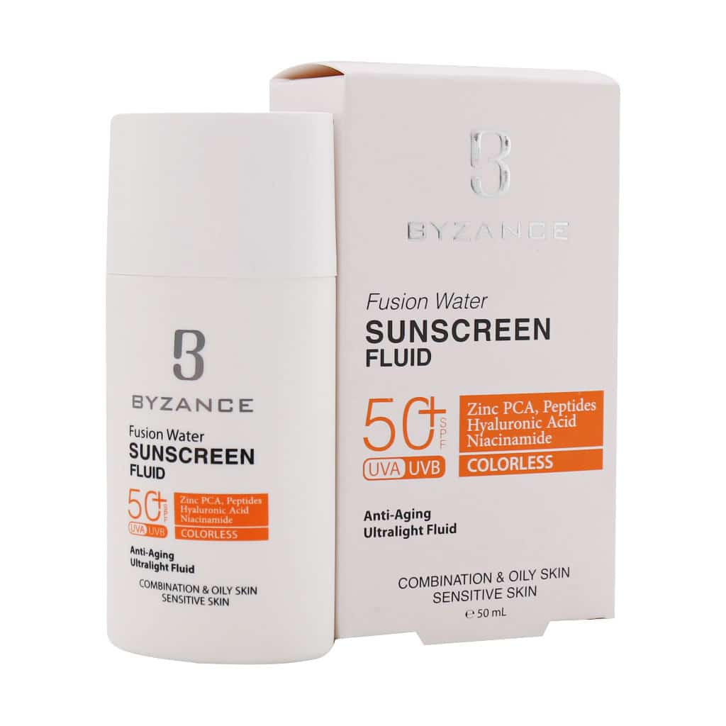 فلوئید ضد آفتاب فیوژن واتر بیزانس با spf50 مناسب پوست چرب و مختلط و حساس