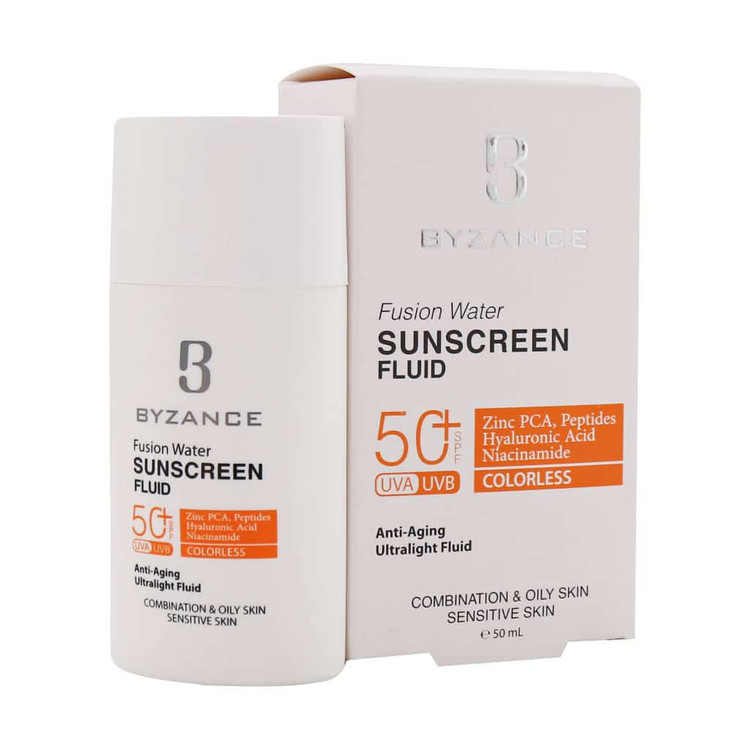 فلوئید ضد آفتاب فیوژن واتر بیزانس با spf50 مناسب پوست چرب و مختلط و حساس
